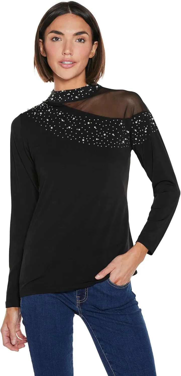 Black Rhinestone Top for Women Mesh Sleeve Pearl Shirt