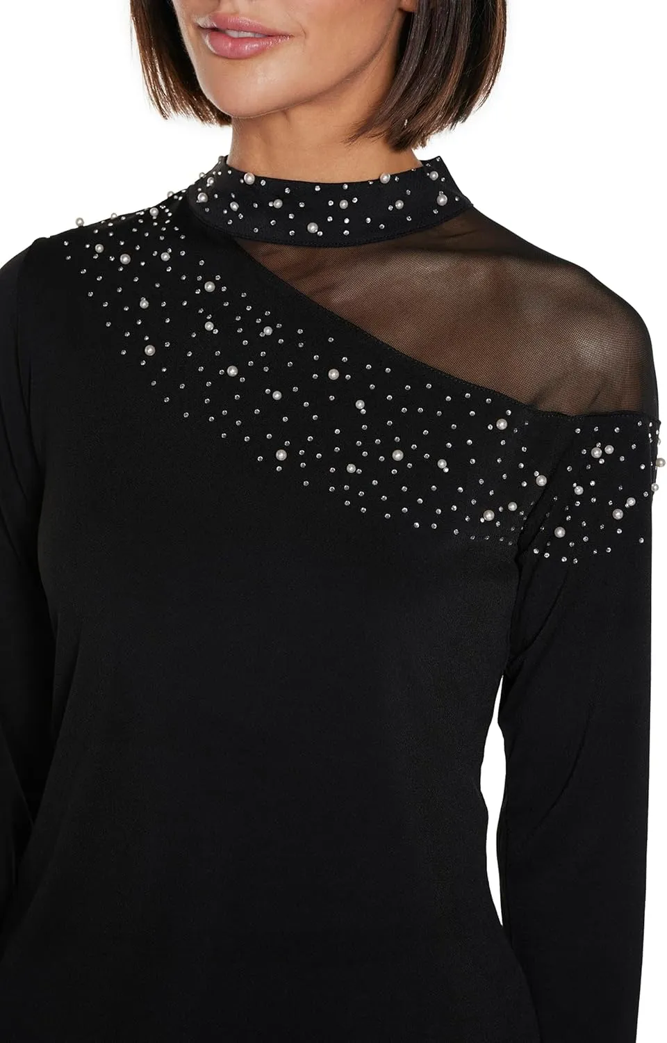 Black Rhinestone Top for Women Mesh Sleeve Pearl Shirt