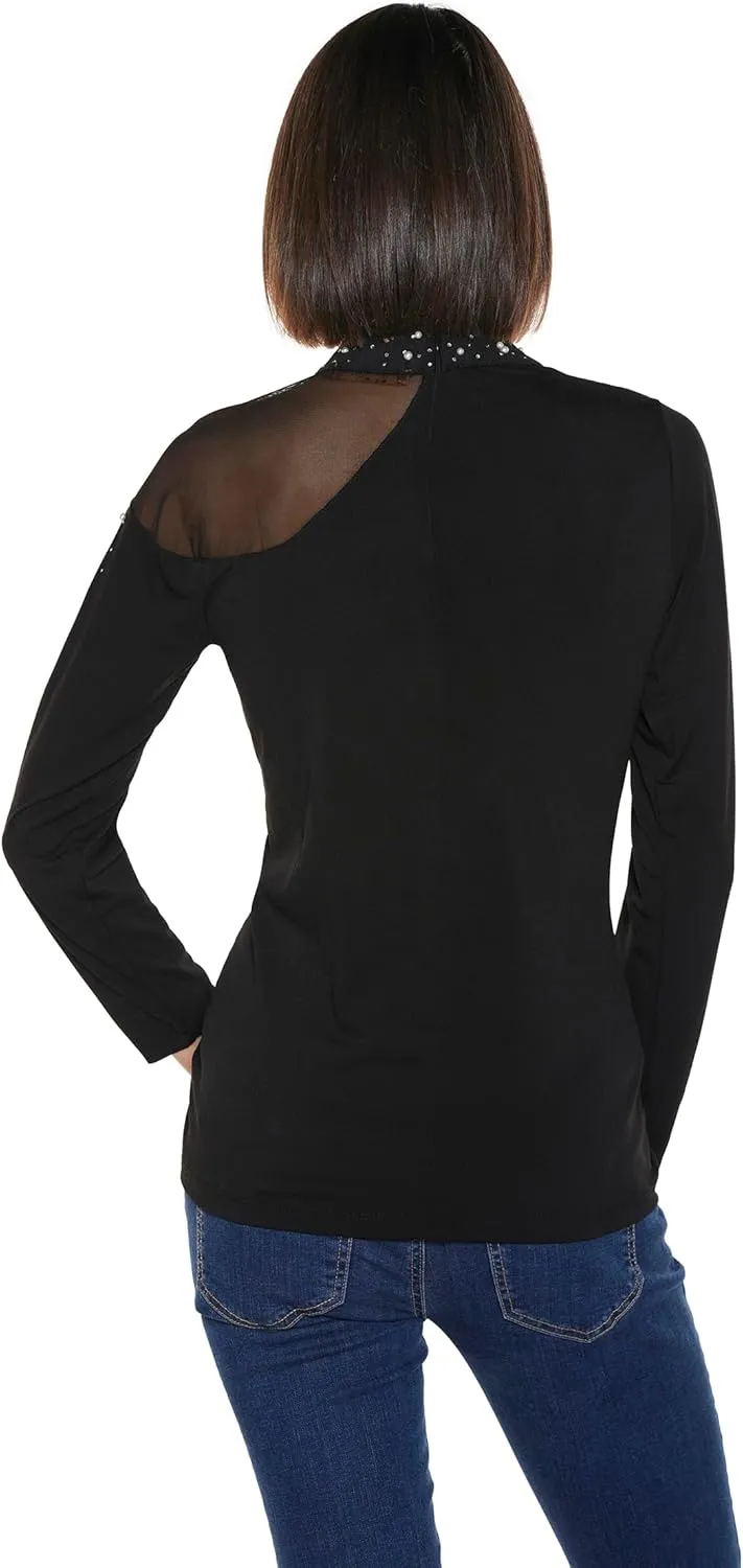 Black Rhinestone Top for Women Mesh Sleeve Pearl Shirt