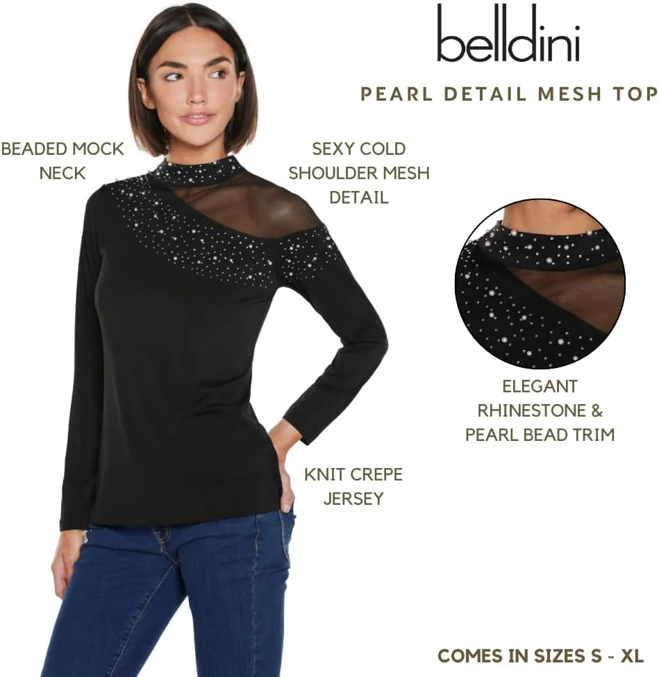 Black Rhinestone Top for Women Mesh Sleeve Pearl Shirt