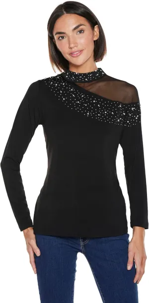 Black Rhinestone Top for Women Mesh Sleeve Pearl Shirt