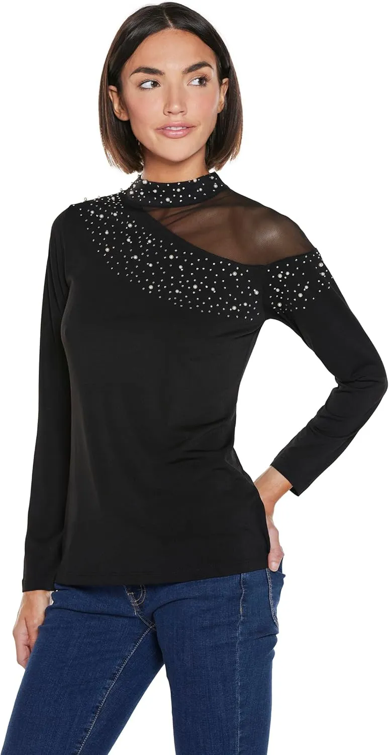 Black Rhinestone Top for Women Mesh Sleeve Pearl Shirt