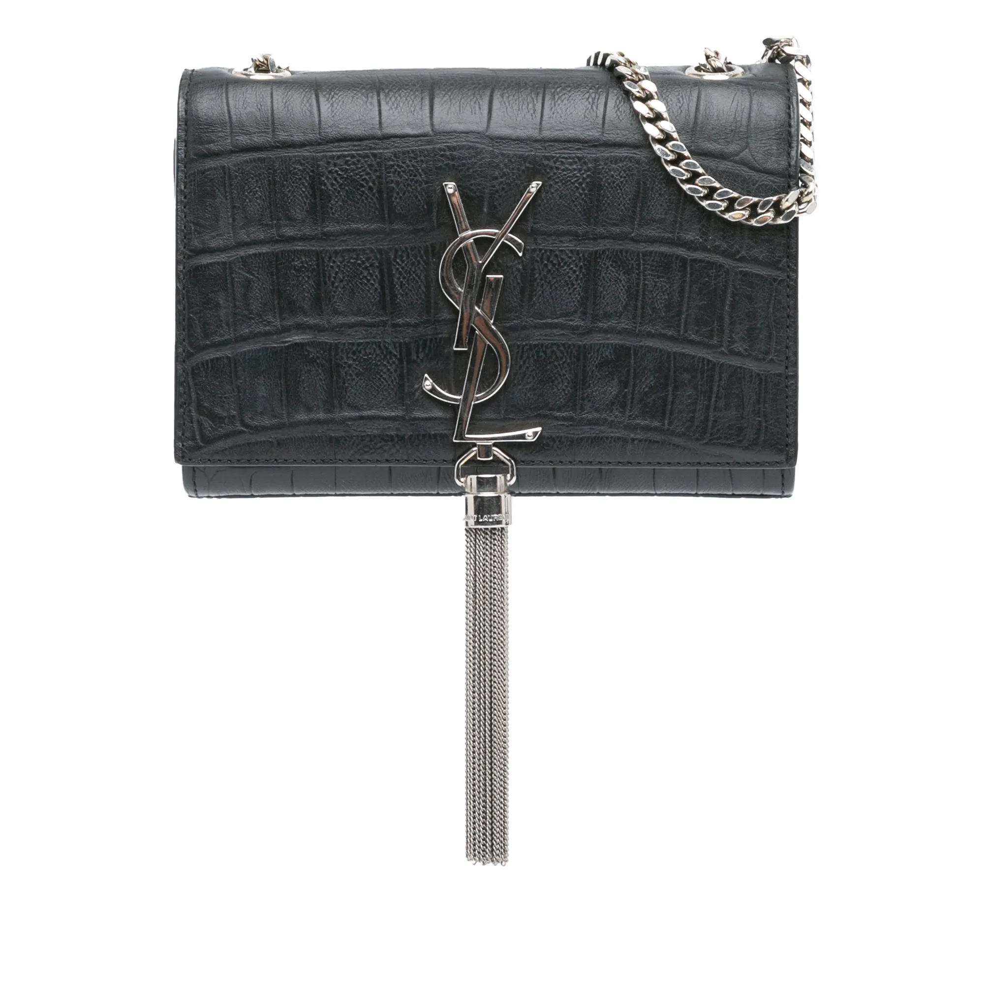 Black Saint Laurent Mini Croc Embossed Kate Tassel Crossbody