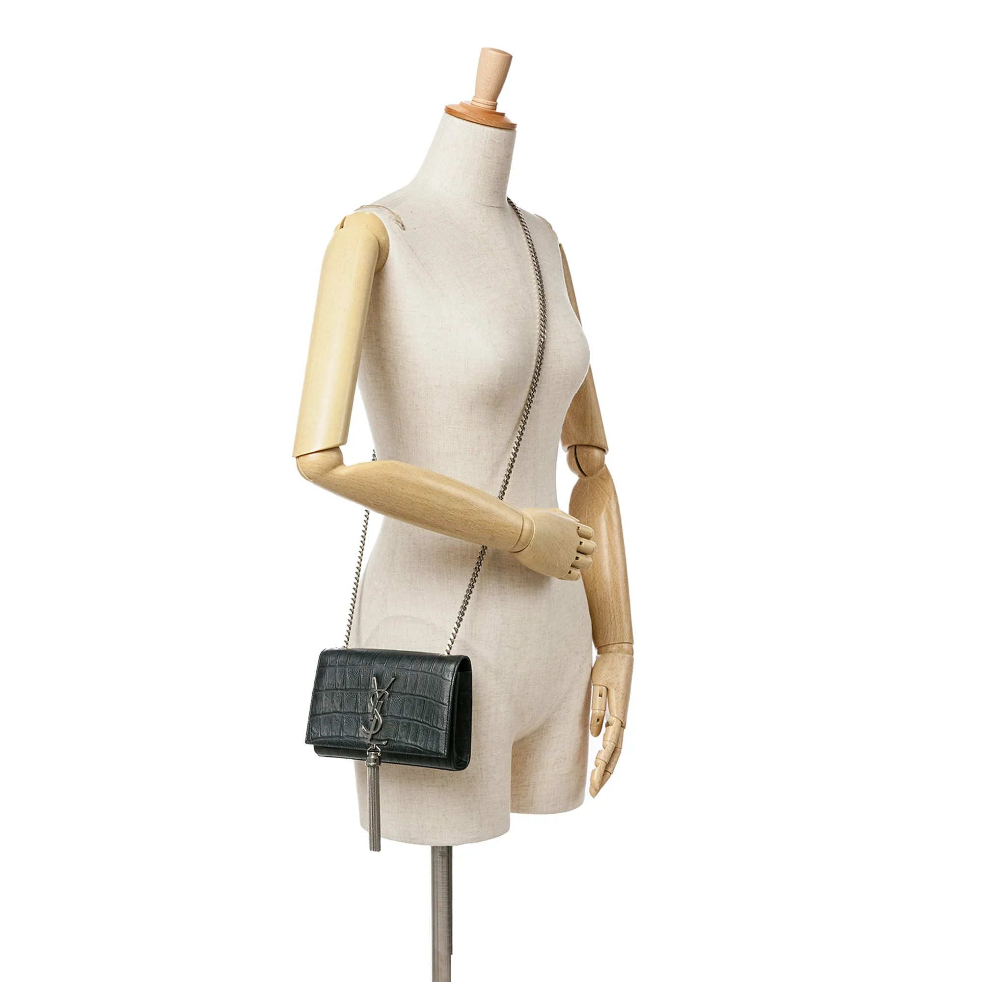 Black Saint Laurent Mini Croc Embossed Kate Tassel Crossbody