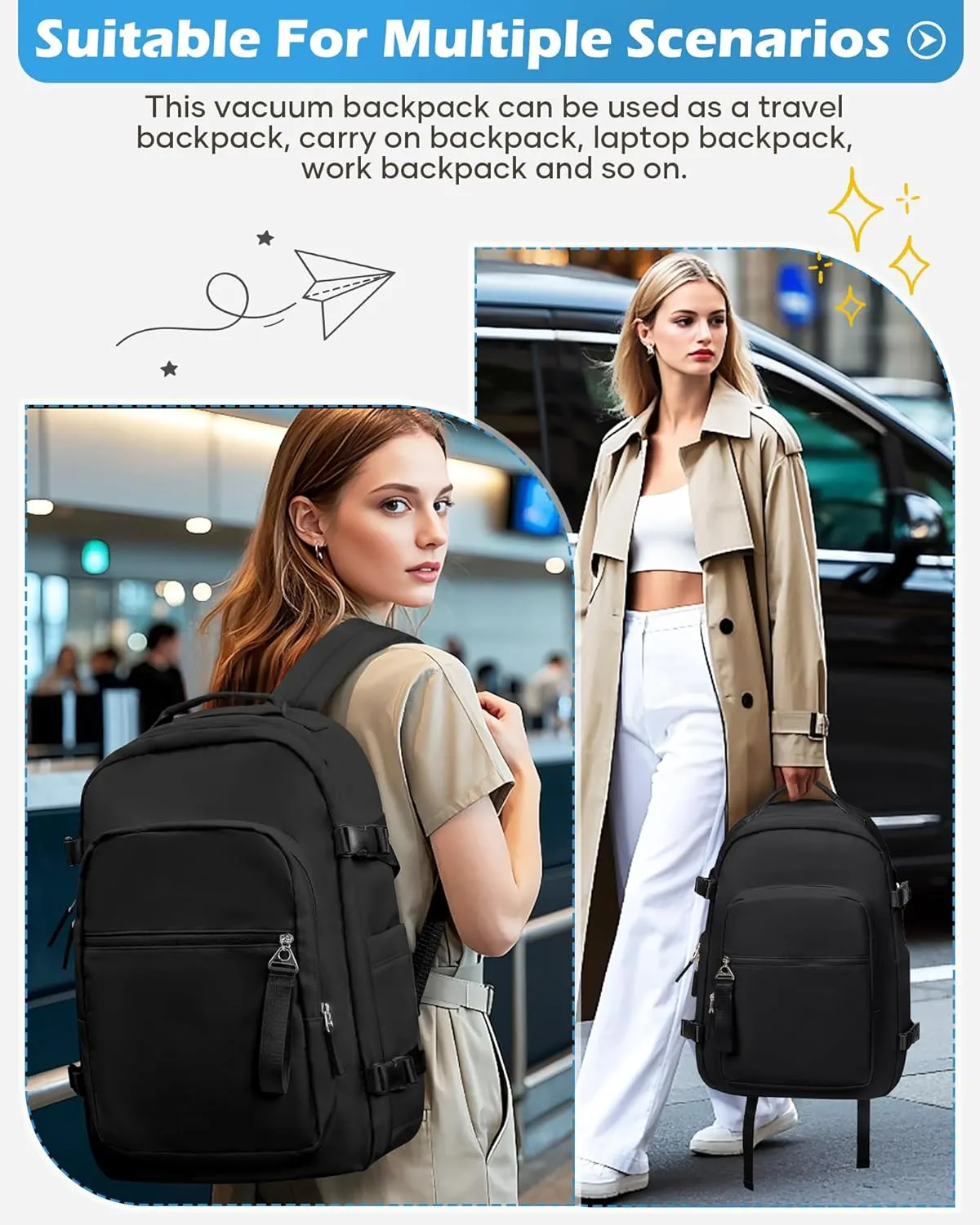 Black Vacuum Backpack With Pump,Travel Laptop Backpacks For Women Men,Airback Backpacks With Vacuum Compression Bags Seal Packing,Carry On Backpack, Personal Item Travel Bag