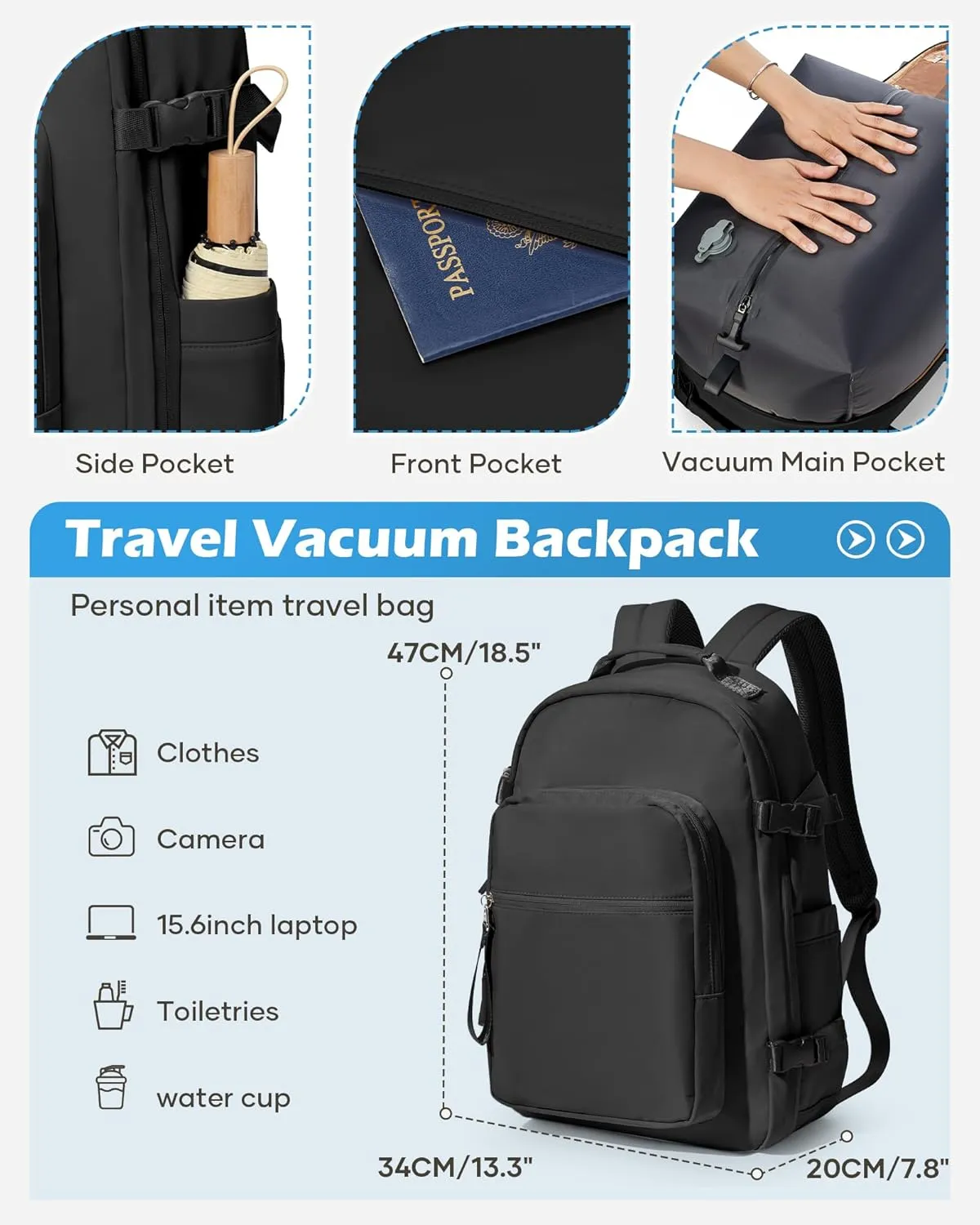 Black Vacuum Backpack With Pump,Travel Laptop Backpacks For Women Men,Airback Backpacks With Vacuum Compression Bags Seal Packing,Carry On Backpack, Personal Item Travel Bag