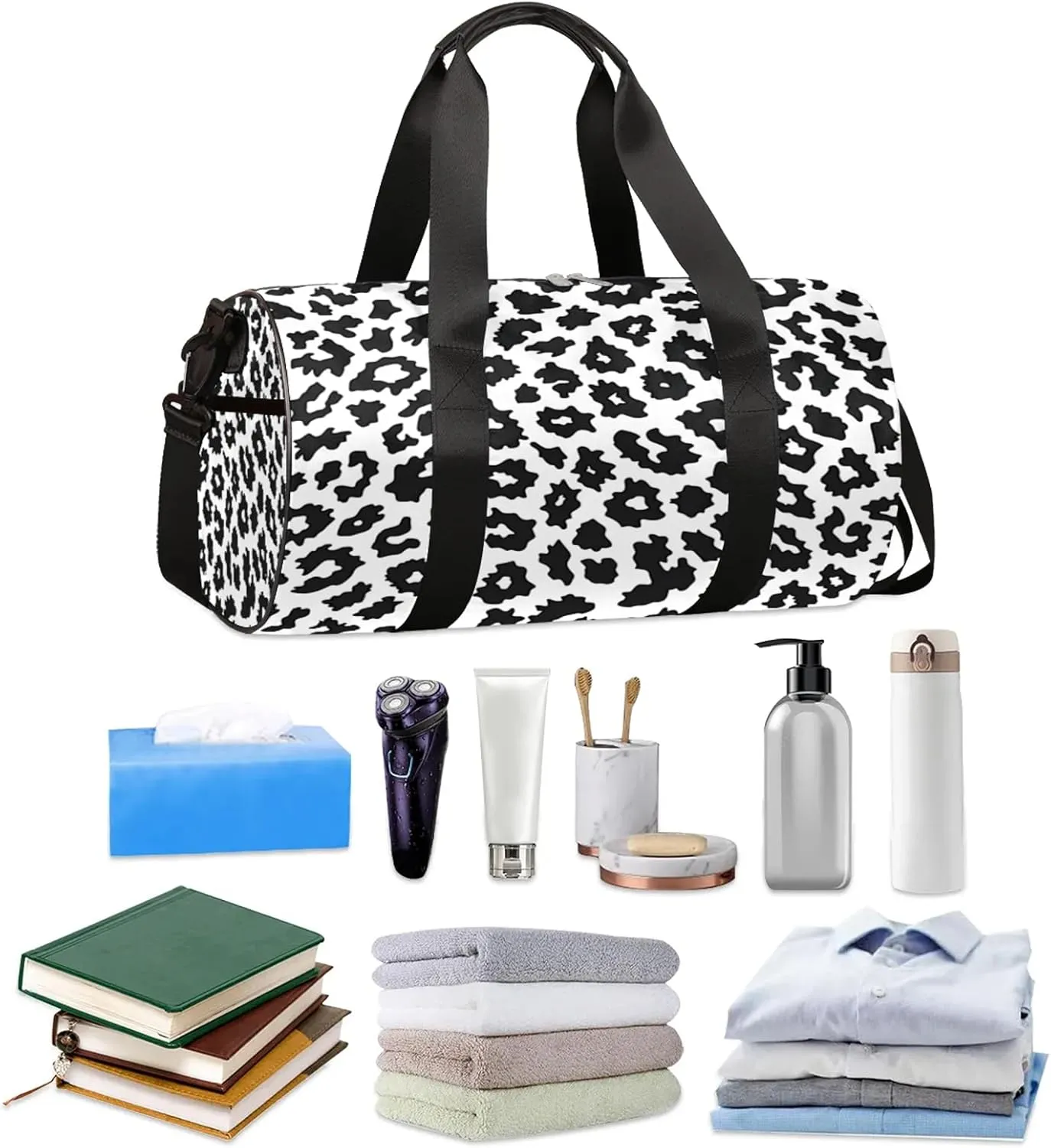 Black White Leopard Seamless Pattern Sports Gym Bag for Men Women Lightweight Travel Duffle Bag with Shoulder Strap Waterproof Carry On Weekender Overnight Bag for Travel Sports Gym
