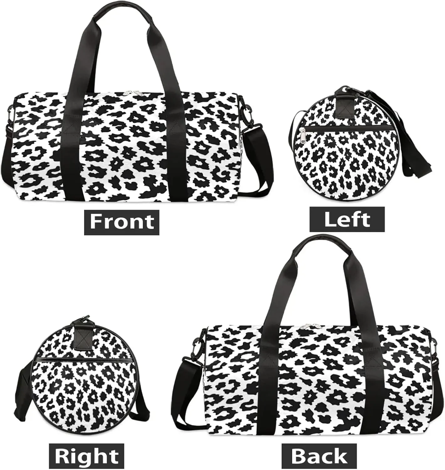Black White Leopard Seamless Pattern Sports Gym Bag for Men Women Lightweight Travel Duffle Bag with Shoulder Strap Waterproof Carry On Weekender Overnight Bag for Travel Sports Gym