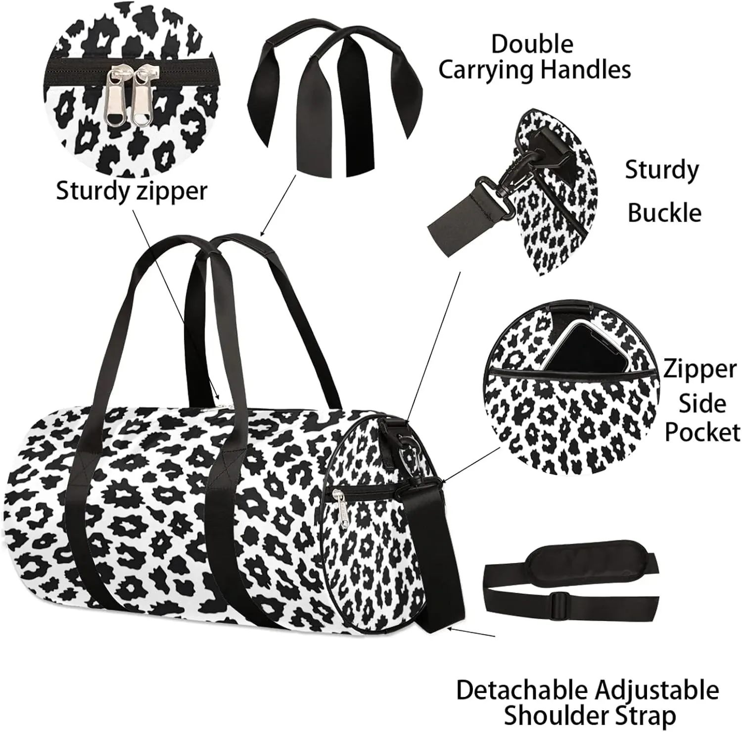 Black White Leopard Seamless Pattern Sports Gym Bag for Men Women Lightweight Travel Duffle Bag with Shoulder Strap Waterproof Carry On Weekender Overnight Bag for Travel Sports Gym