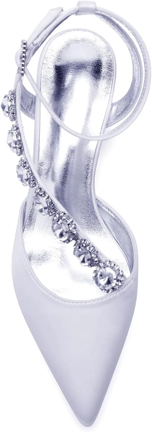Block Heel Rhinestones Wedding Shoes Pointed Toe Bridal Satin Strappy Women Shoes Party Sandals Closed Toe Ankle Strap Low Pumps for Prom