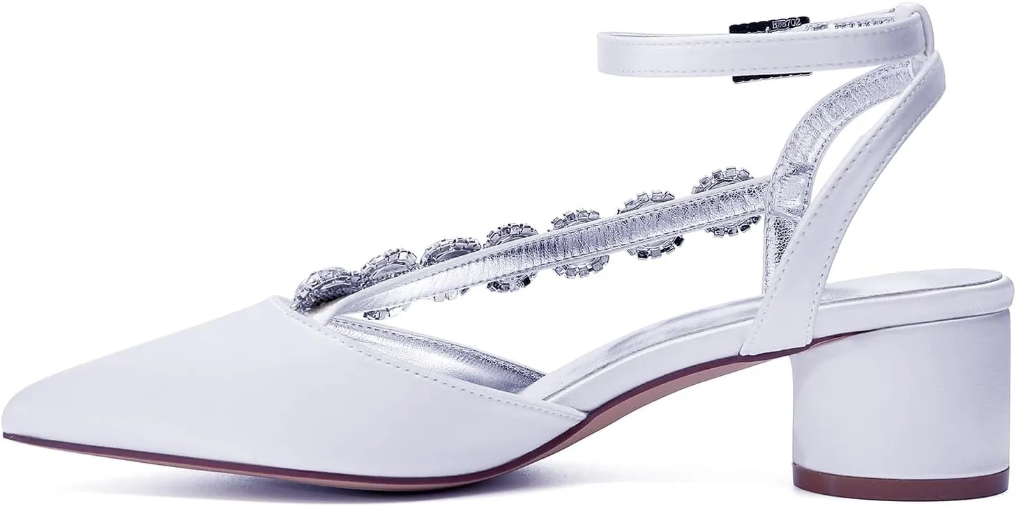 Block Heel Rhinestones Wedding Shoes Pointed Toe Bridal Satin Strappy Women Shoes Party Sandals Closed Toe Ankle Strap Low Pumps for Prom