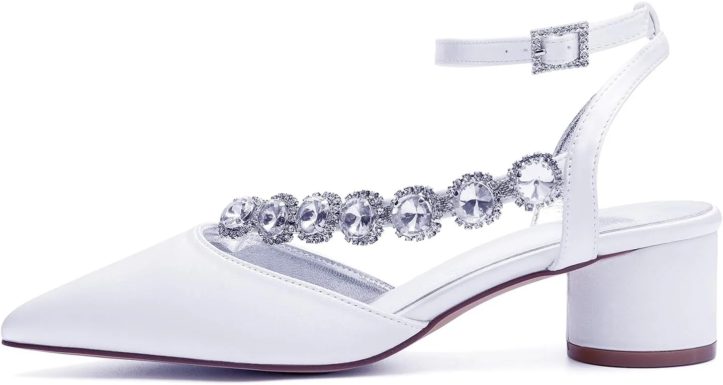 Block Heel Rhinestones Wedding Shoes Pointed Toe Bridal Satin Strappy Women Shoes Party Sandals Closed Toe Ankle Strap Low Pumps for Prom
