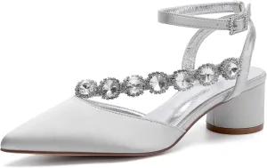 Block Heel Rhinestones Wedding Shoes Pointed Toe Bridal Satin Strappy Women Shoes Party Sandals Closed Toe Ankle Strap Low Pumps for Prom