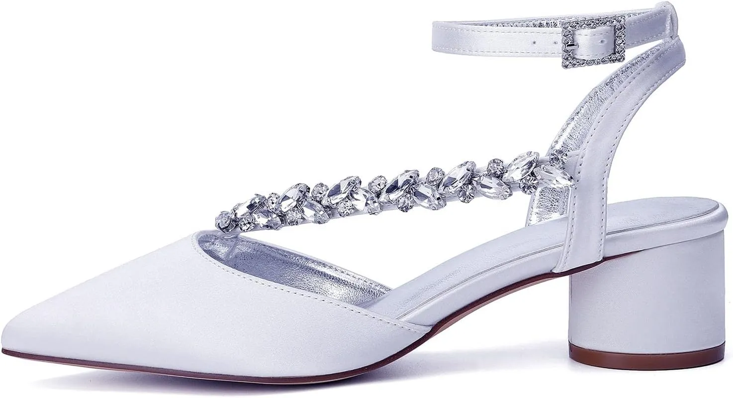 Block Heel Wedding Shoes Rhinestones Pointed Toe Bridal Women Satin Strappy Shoes for Prom Party Low Pumps Closed Toe Ankle Strap Sandals