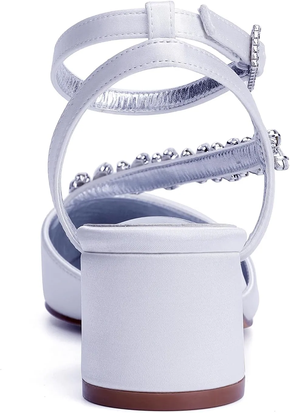 Block Heel Wedding Shoes Rhinestones Pointed Toe Bridal Women Satin Strappy Shoes for Prom Party Low Pumps Closed Toe Ankle Strap Sandals
