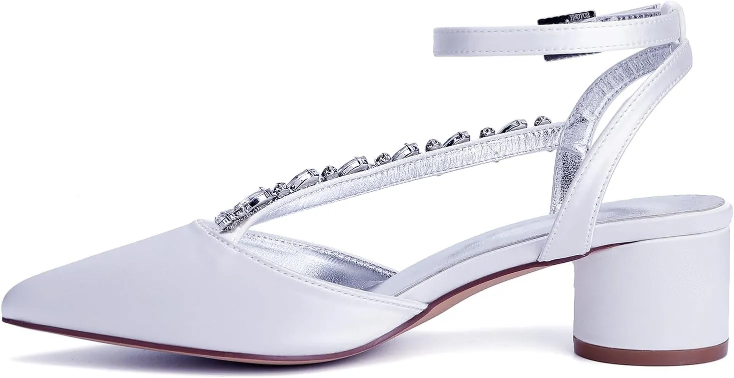 Block Heel Wedding Shoes Rhinestones Pointed Toe Bridal Women Satin Strappy Shoes for Prom Party Low Pumps Closed Toe Ankle Strap Sandals