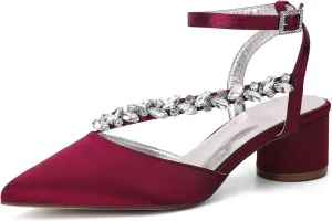 Block Heel Wedding Shoes Rhinestones Pointed Toe Bridal Women Satin Strappy Shoes for Prom Party Low Pumps Closed Toe Ankle Strap Sandals