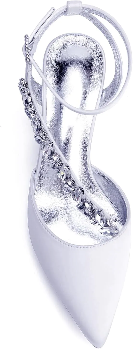 Block Heel Wedding Shoes Rhinestones Pointed Toe Bridal Women Satin Strappy Shoes for Prom Party Low Pumps Closed Toe Ankle Strap Sandals