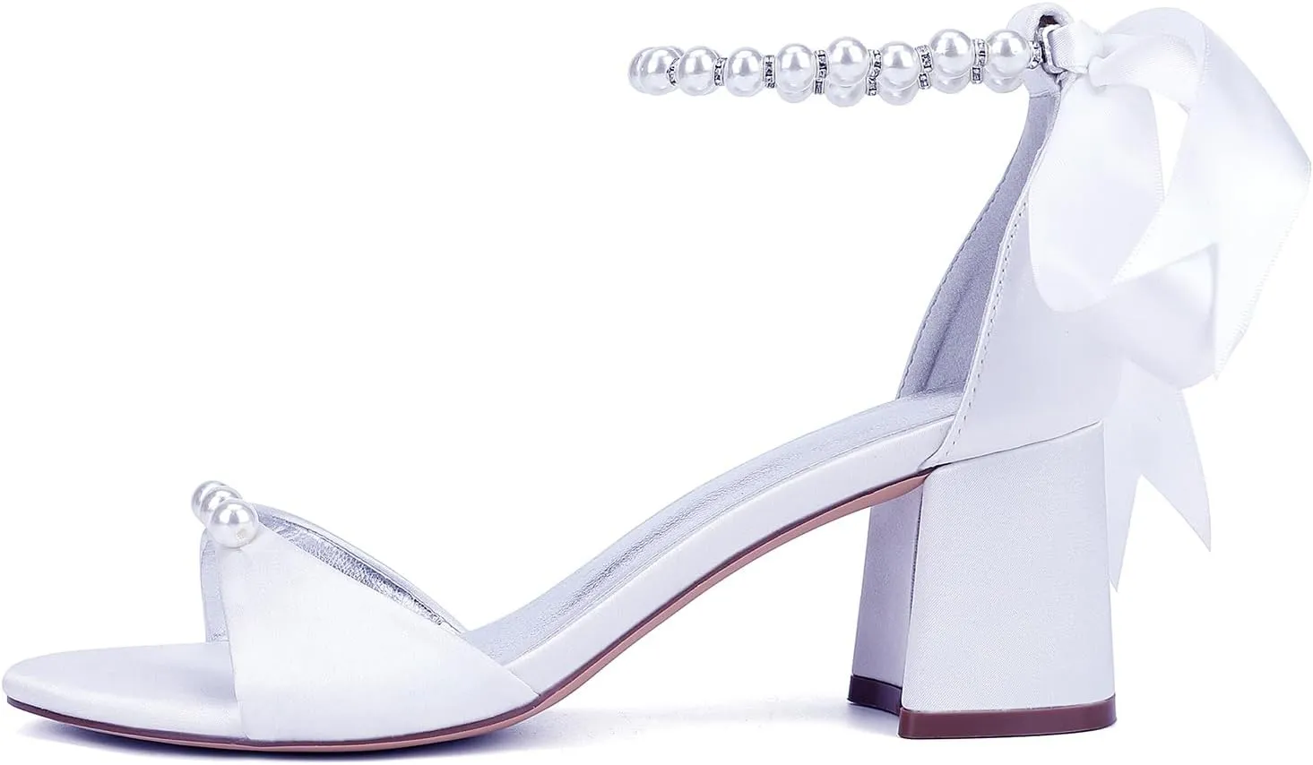 Block Heels Wedding Pearl Ankle Strap Sandals 6.5CM Bridal Pumps Satin Bowknot Strap Open Toe Evening Party Dress Shoes Elegant