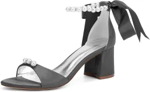 Block Heels Wedding Pearl Ankle Strap Sandals 6.5CM Bridal Pumps Satin Bowknot Strap Open Toe Evening Party Dress Shoes Elegant