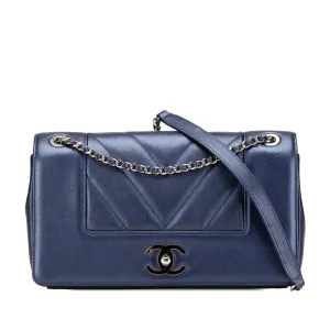 Blue Chanel Medium Chevron Metallic Sheepskin Vintage Mademoiselle Flap Crossbody Bag