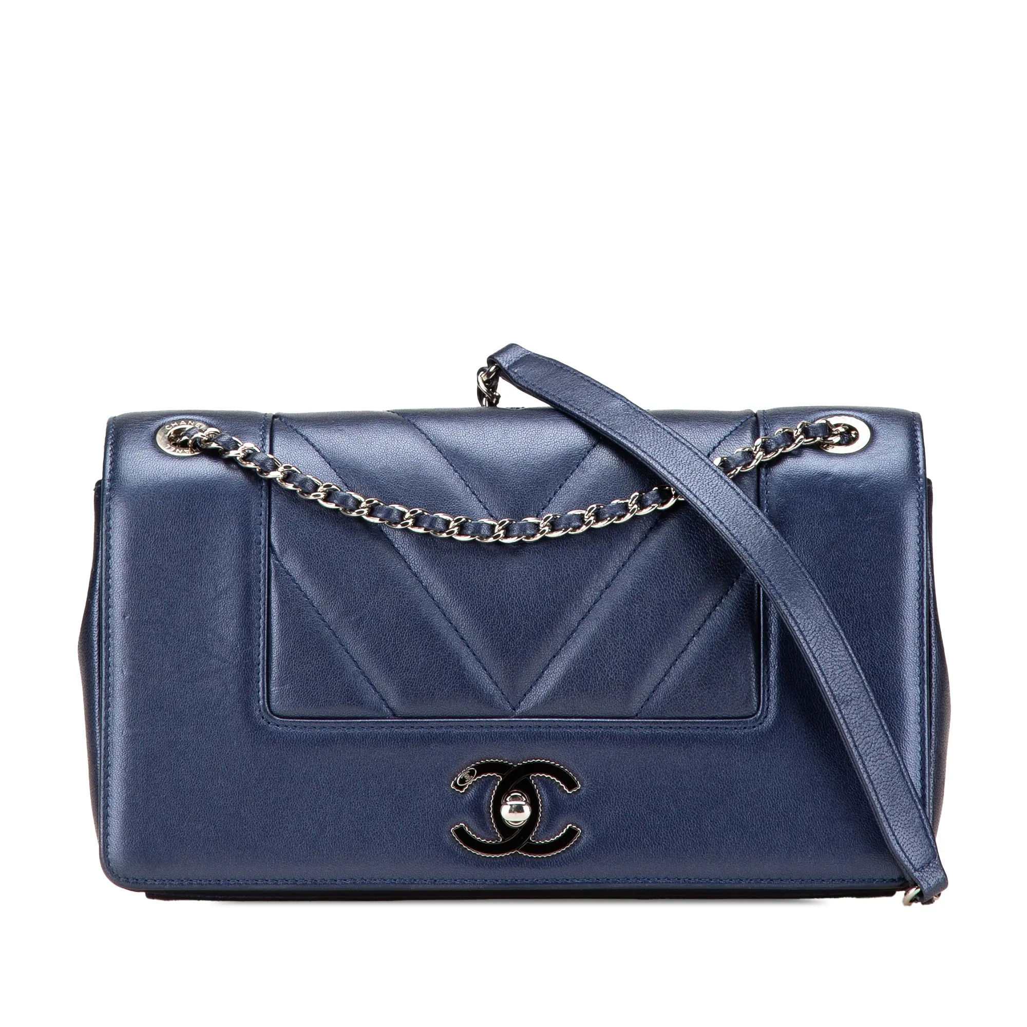 Blue Chanel Medium Chevron Metallic Sheepskin Vintage Mademoiselle Flap Crossbody Bag