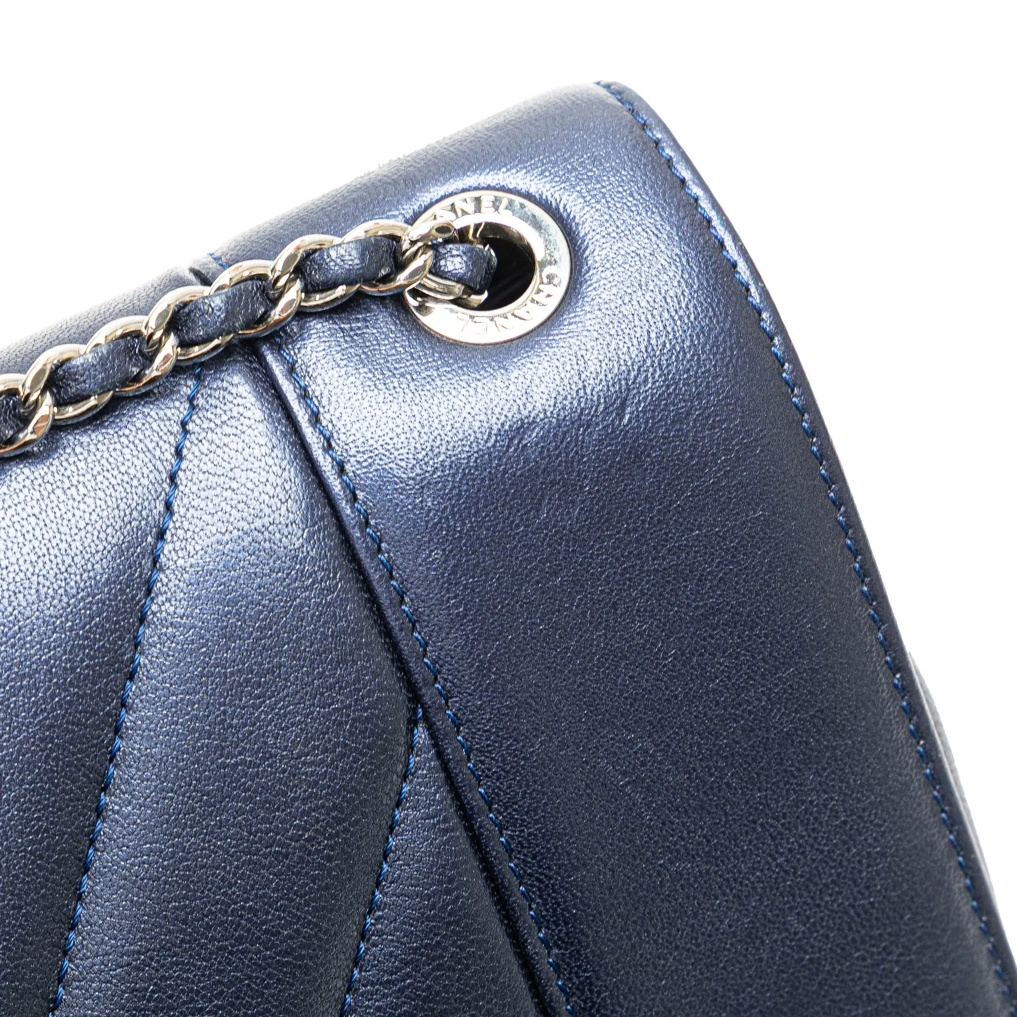 Blue Chanel Medium Chevron Metallic Sheepskin Vintage Mademoiselle Flap Crossbody Bag