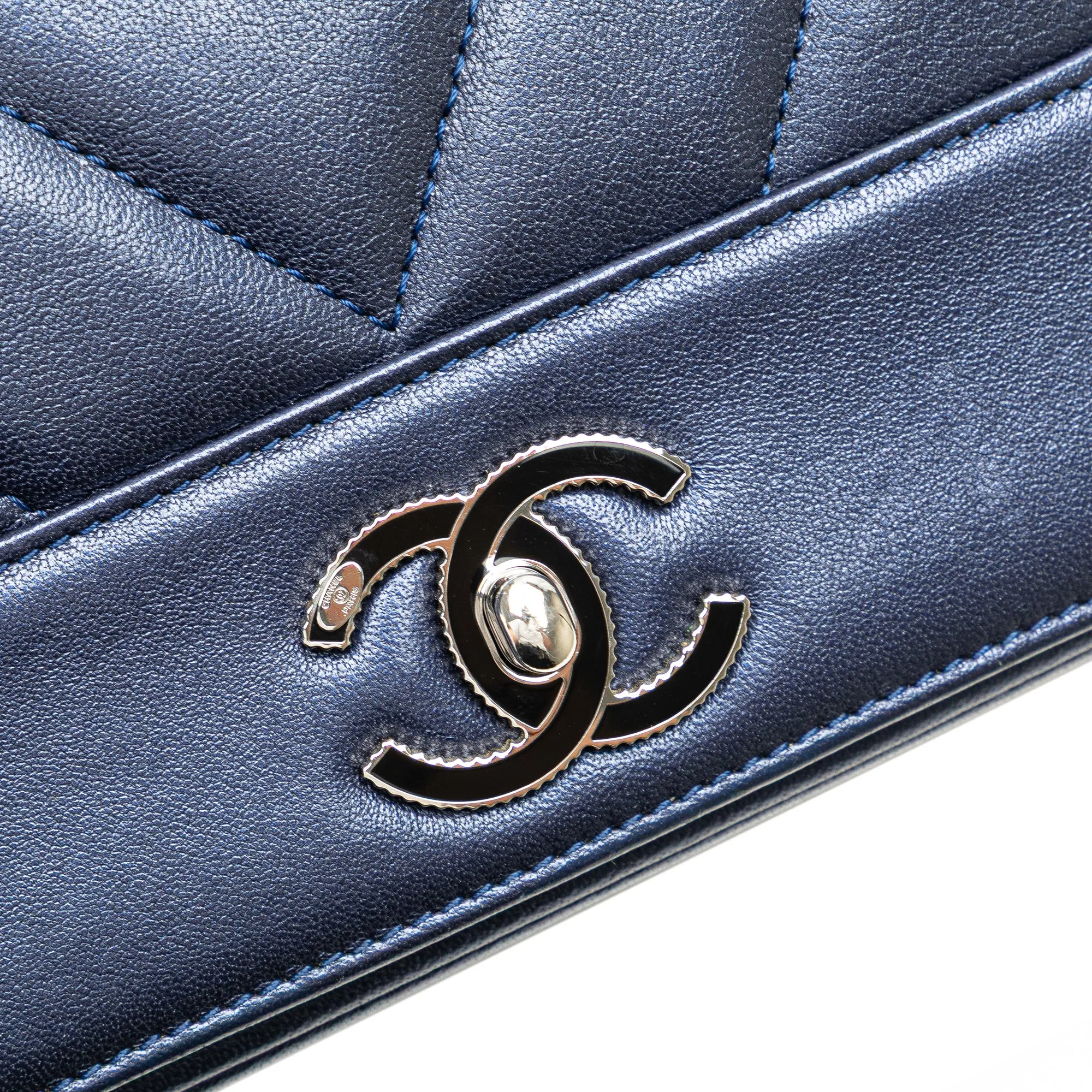 Blue Chanel Medium Chevron Metallic Sheepskin Vintage Mademoiselle Flap Crossbody Bag