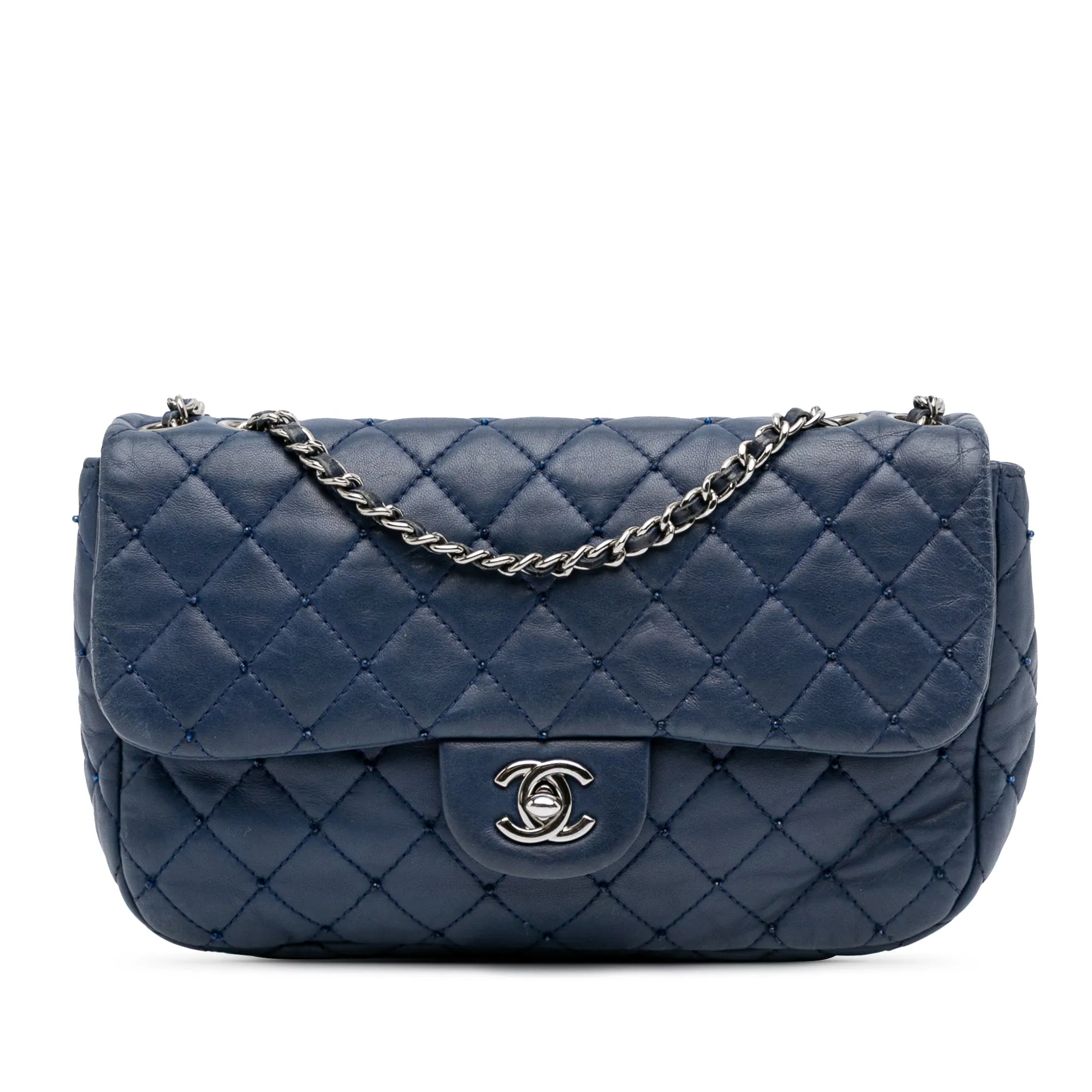 Blue Chanel Small Quilted Lambskin Beaded Single Flap Shoulder Bag