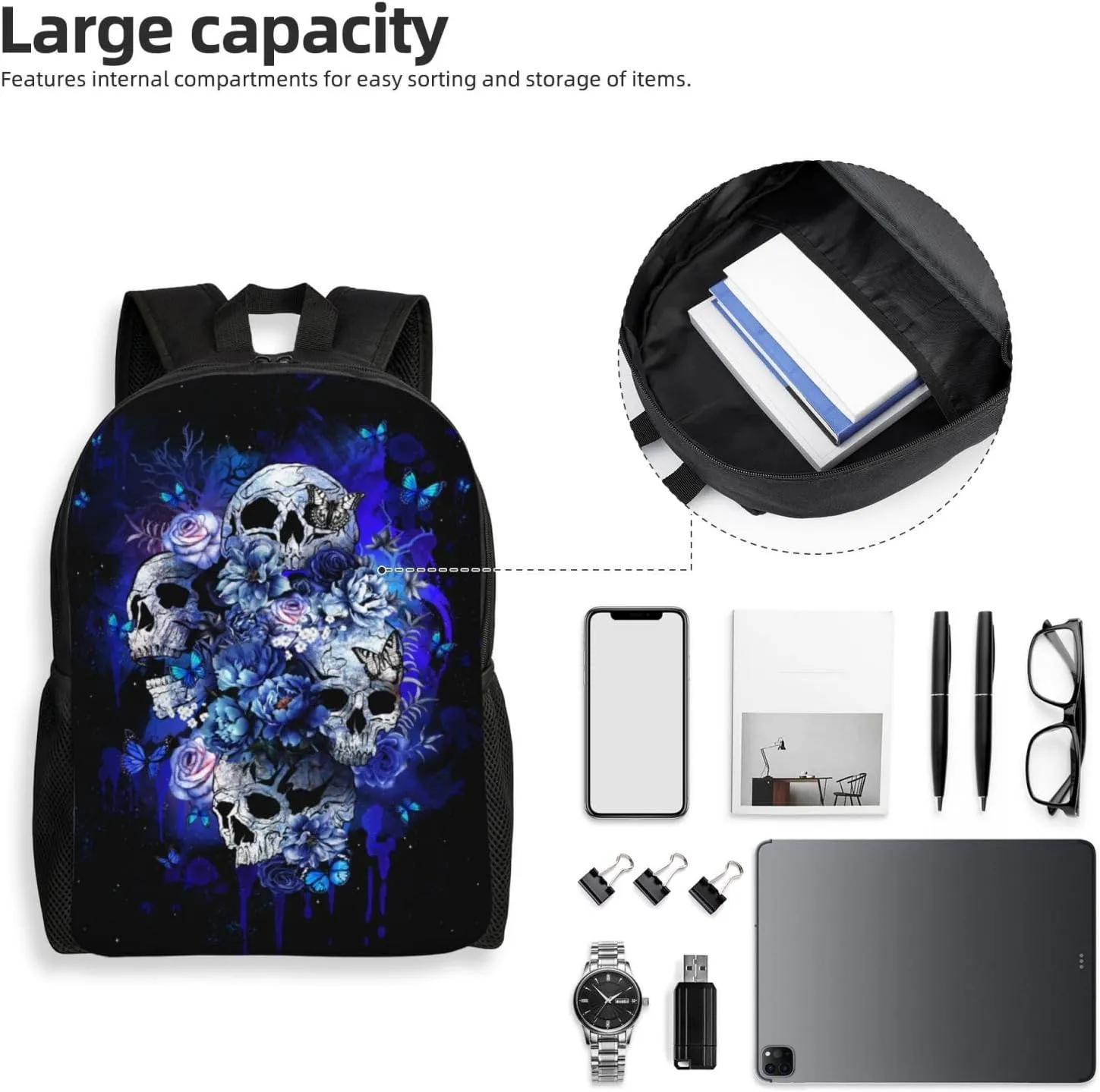 Blue Sugar Skull Backpack16.5 Inch - Water-Resistant High-Density Oxford Laptop Backpacks Stylish Design for Work Travel or Commute