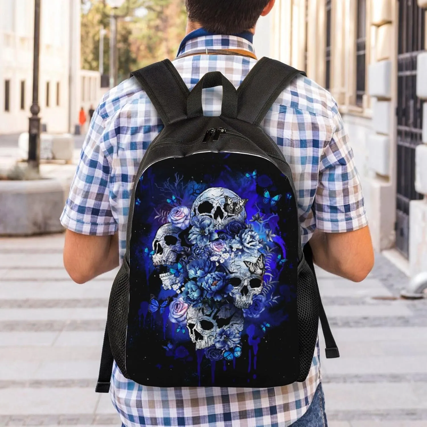 Blue Sugar Skull Backpack16.5 Inch - Water-Resistant High-Density Oxford Laptop Backpacks Stylish Design for Work Travel or Commute
