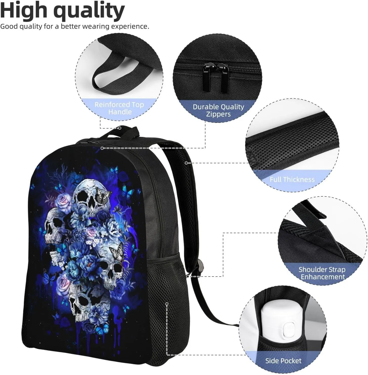 Blue Sugar Skull Backpack16.5 Inch - Water-Resistant High-Density Oxford Laptop Backpacks Stylish Design for Work Travel or Commute