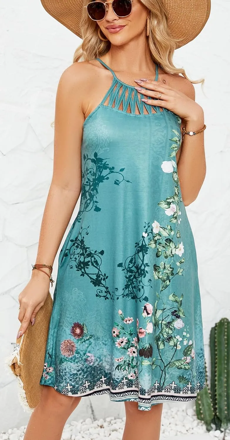 Bluetime Womens Summer Casual Halter Dress Crochet Hollow Out A-line Floral Boho Beach Sundresses with Pockets