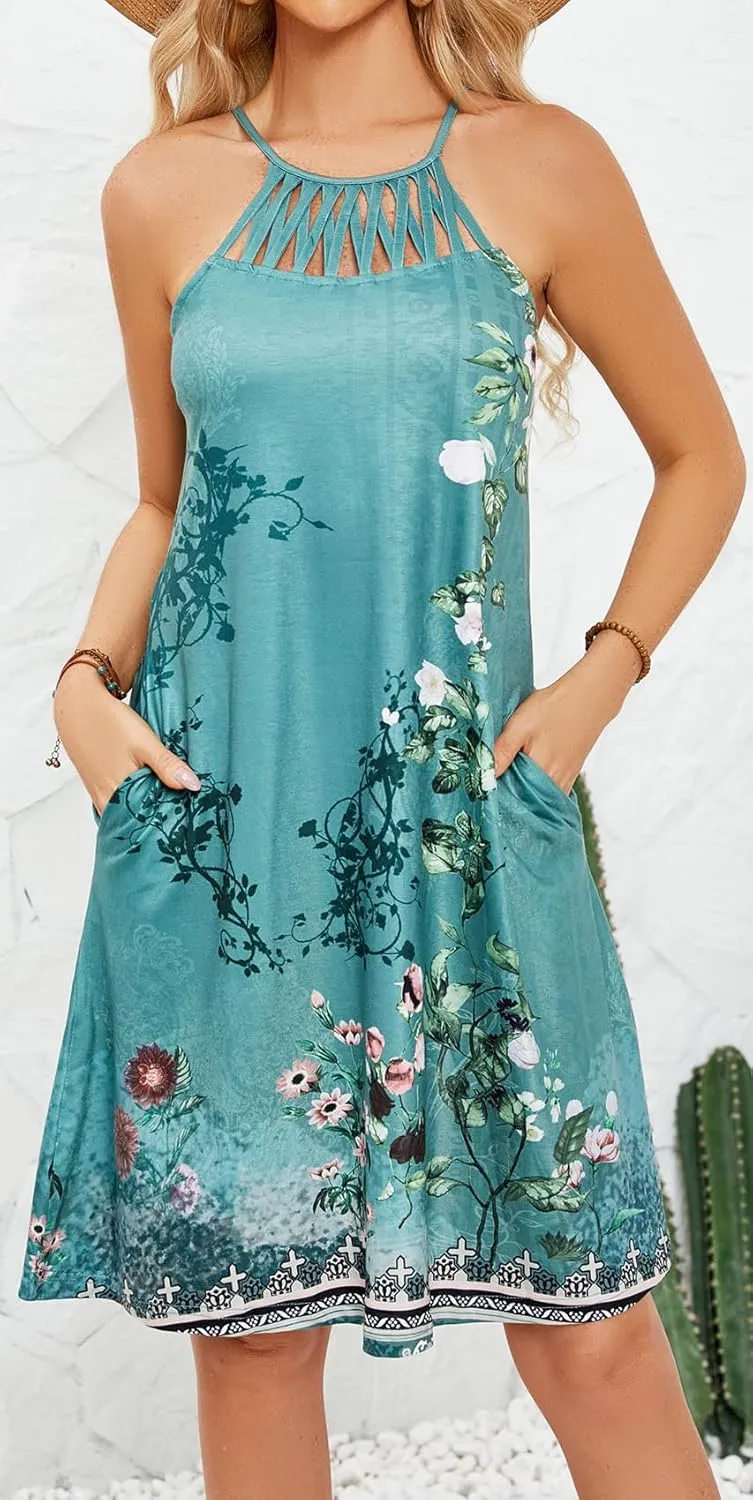 Bluetime Womens Summer Casual Halter Dress Crochet Hollow Out A-line Floral Boho Beach Sundresses with Pockets