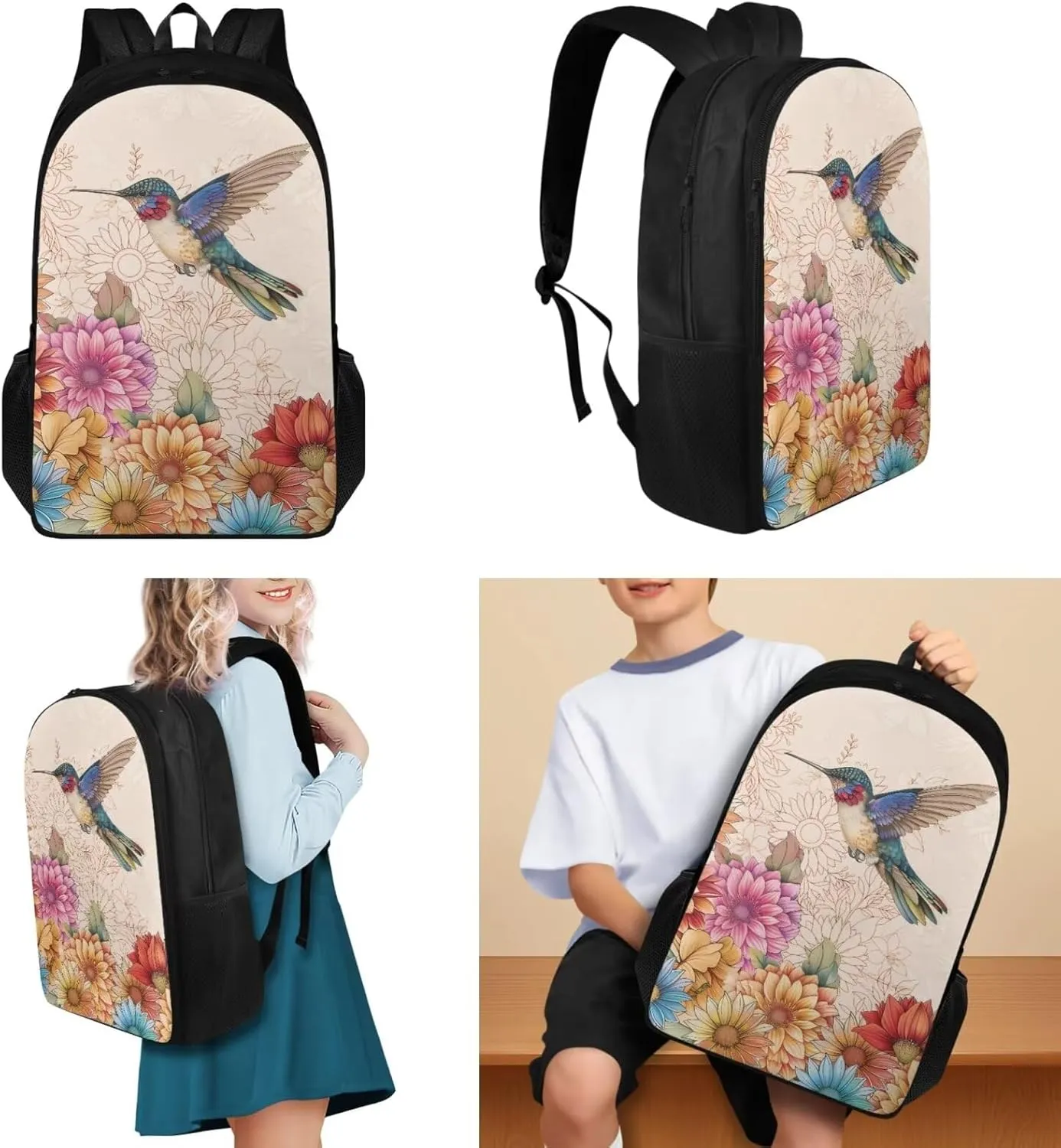 Boho Colorful Hummingbird Backpack for Elementary School Student Children Girls Cool 3 Piece Bookbag Set with Lunchbox Teen School Bag for Kids Middle School Kindergarten Primary