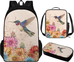 Boho Colorful Hummingbird Backpack for Elementary School Student Children Girls Cool 3 Piece Bookbag Set with Lunchbox Teen School Bag for Kids Middle School Kindergarten Primary