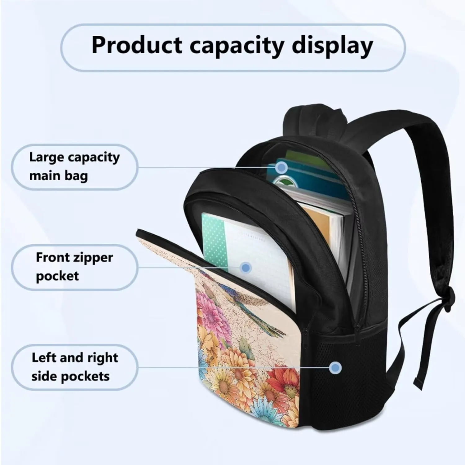 Boho Colorful Hummingbird Backpack for Elementary School Student Children Girls Cool 3 Piece Bookbag Set with Lunchbox Teen School Bag for Kids Middle School Kindergarten Primary
