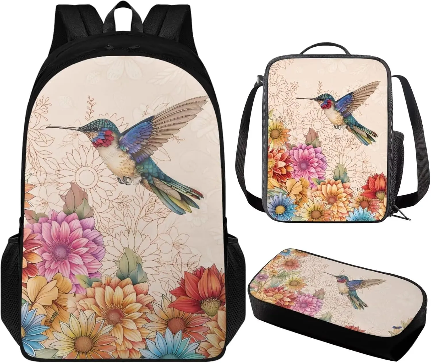 Boho Colorful Hummingbird Backpack for Elementary School Student Children Girls Cool 3 Piece Bookbag Set with Lunchbox Teen School Bag for Kids Middle School Kindergarten Primary