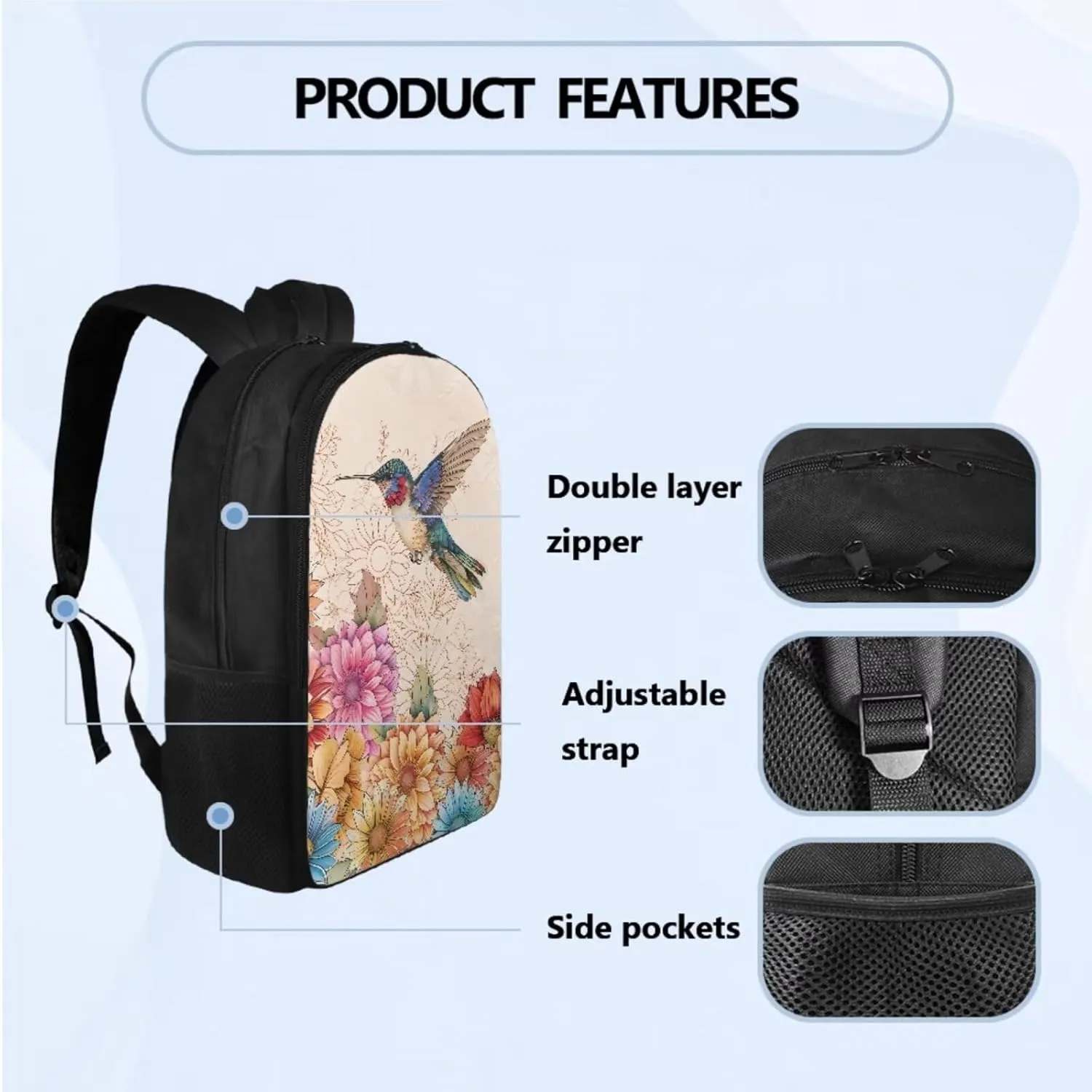 Boho Colorful Hummingbird Backpack for Elementary School Student Children Girls Cool 3 Piece Bookbag Set with Lunchbox Teen School Bag for Kids Middle School Kindergarten Primary