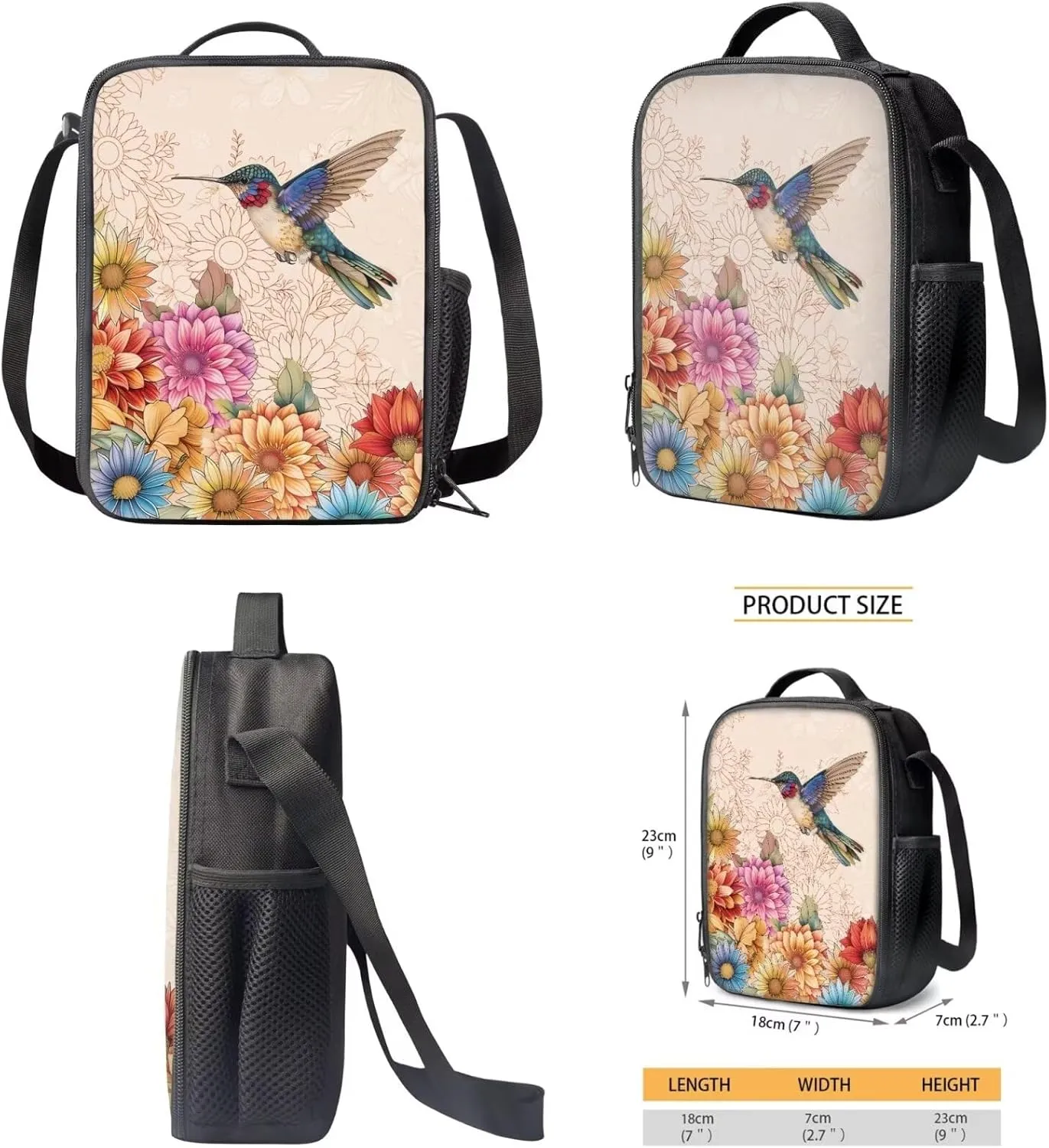 Boho Colorful Hummingbird Backpack for Elementary School Student Children Girls Cool 3 Piece Bookbag Set with Lunchbox Teen School Bag for Kids Middle School Kindergarten Primary
