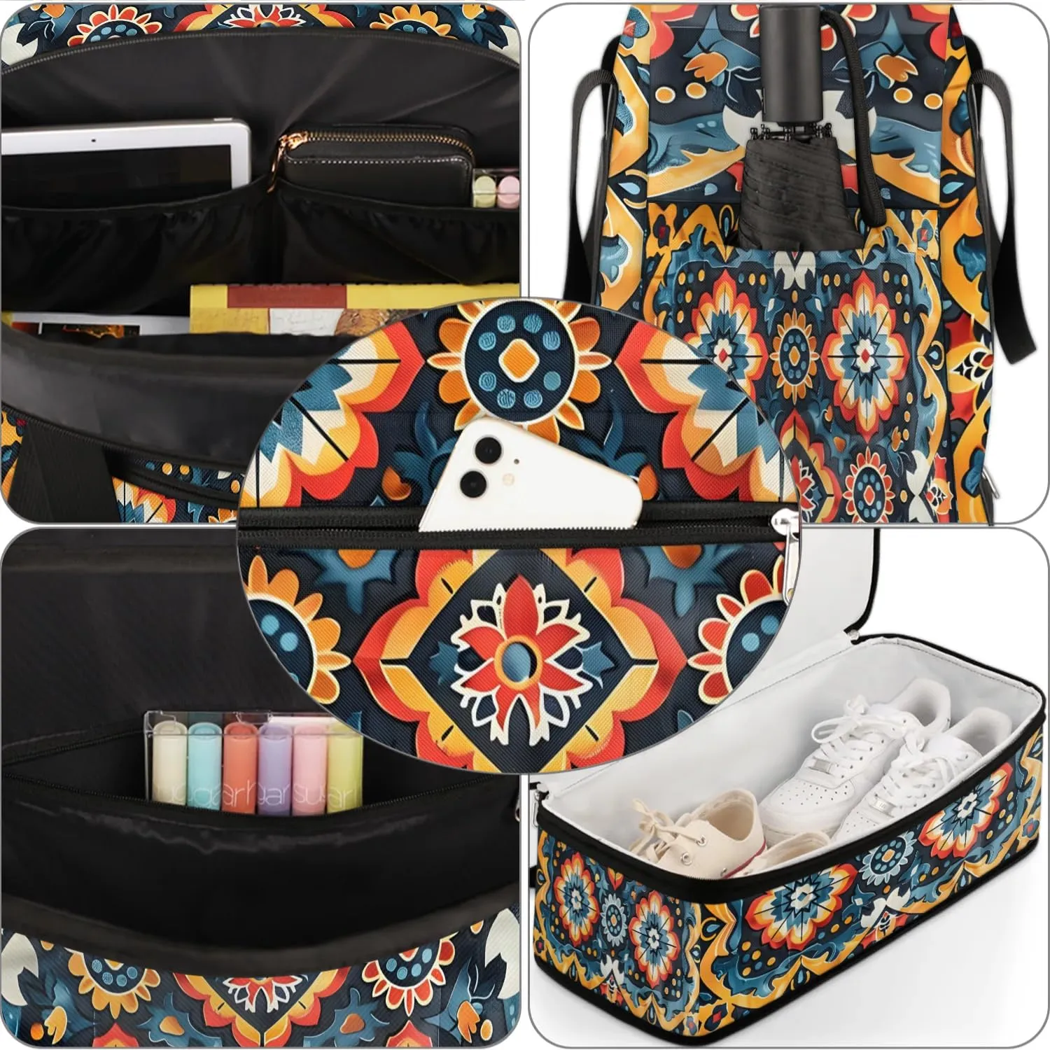 Boho Floral Print Travel Duffle Bag, Collapsible Travel Bag Sports Gym Bag With Shoes Compartment Weekender Bag Overnight Bag For Women Men