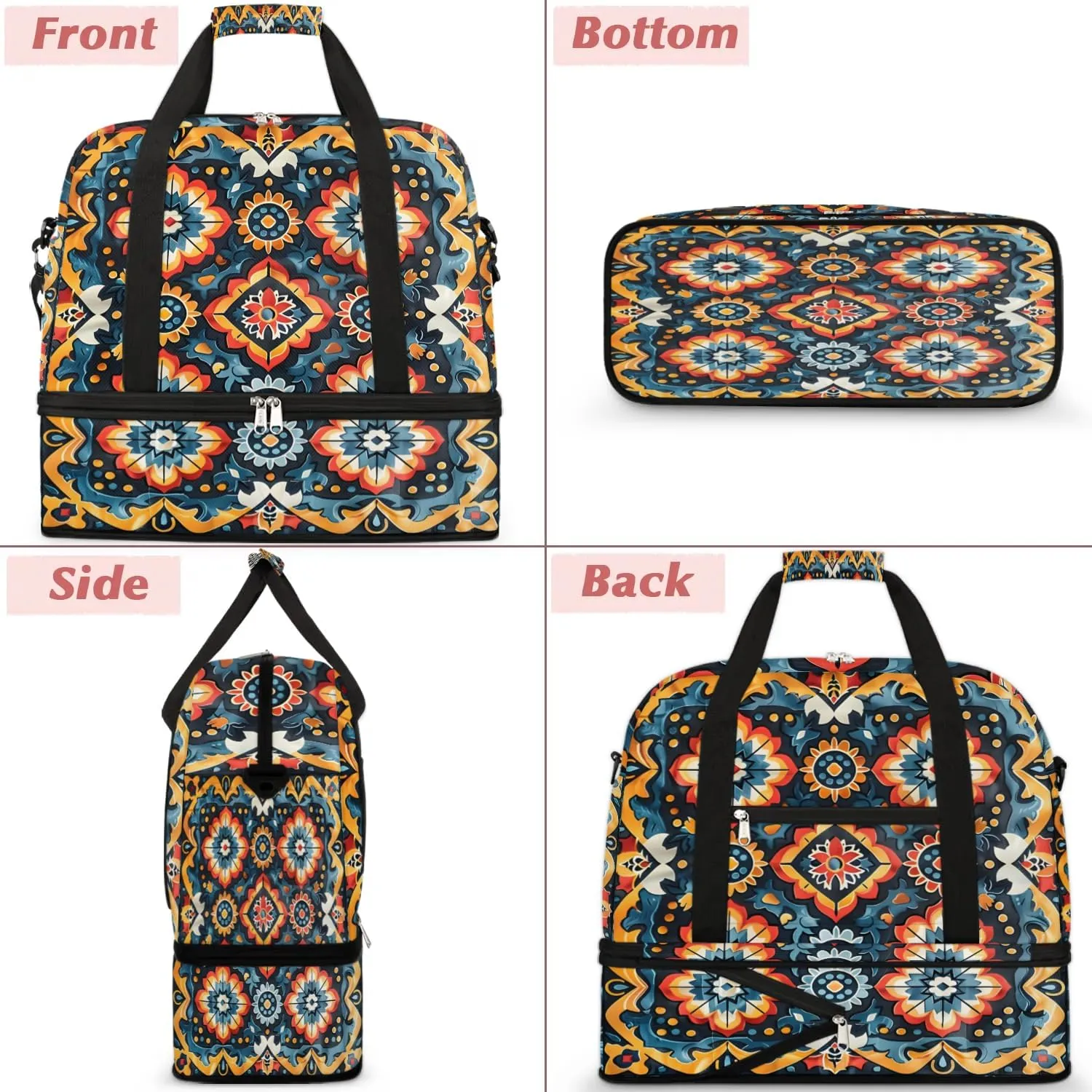 Boho Floral Print Travel Duffle Bag, Collapsible Travel Bag Sports Gym Bag With Shoes Compartment Weekender Bag Overnight Bag For Women Men