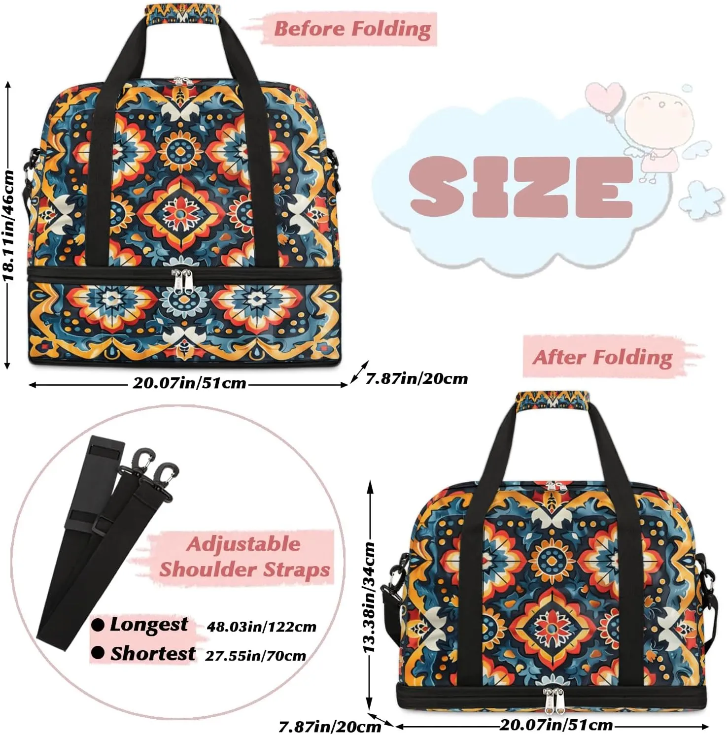 Boho Floral Print Travel Duffle Bag, Collapsible Travel Bag Sports Gym Bag With Shoes Compartment Weekender Bag Overnight Bag For Women Men