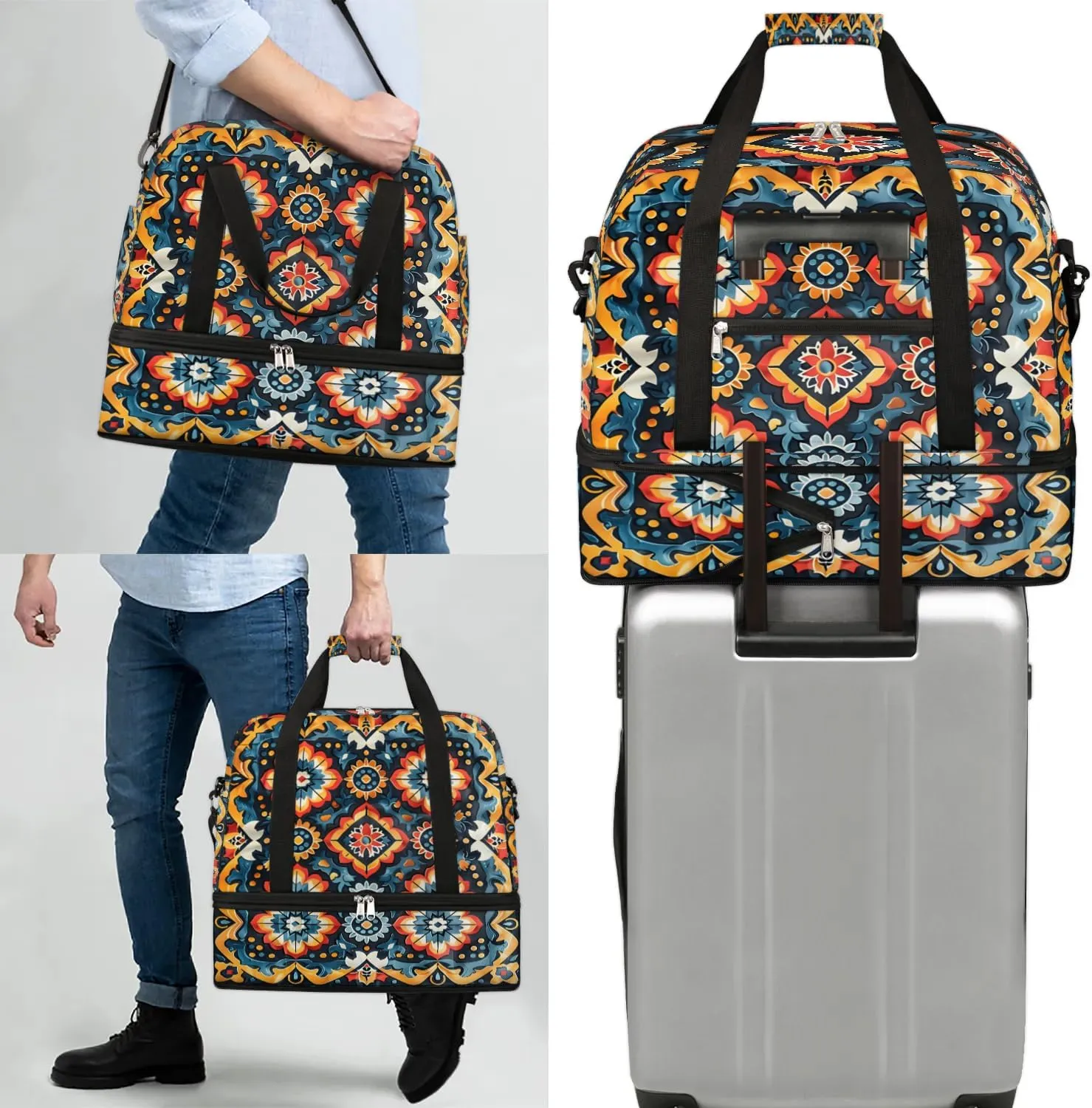 Boho Floral Print Travel Duffle Bag, Collapsible Travel Bag Sports Gym Bag With Shoes Compartment Weekender Bag Overnight Bag For Women Men
