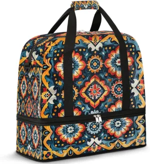 Boho Floral Print Travel Duffle Bag, Collapsible Travel Bag Sports Gym Bag With Shoes Compartment Weekender Bag Overnight Bag For Women Men