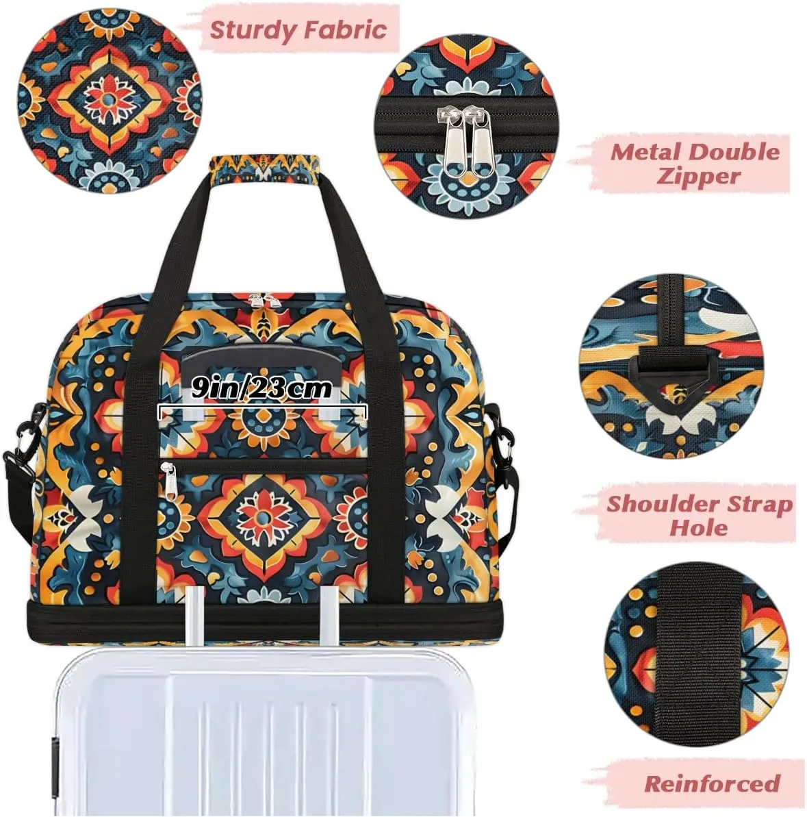 Boho Floral Print Travel Duffle Bag, Collapsible Travel Bag Sports Gym Bag With Shoes Compartment Weekender Bag Overnight Bag For Women Men