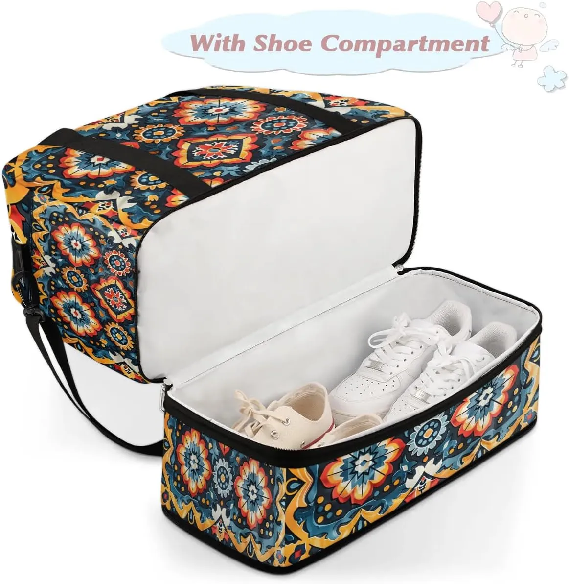 Boho Floral Print Travel Duffle Bag, Collapsible Travel Bag Sports Gym Bag With Shoes Compartment Weekender Bag Overnight Bag For Women Men