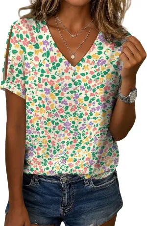 Boho T Shirt for Women V Neck Cold Shoulder Tunic Short Sleeve Floral Summer Blouse Vintage Country Tops for Leggings