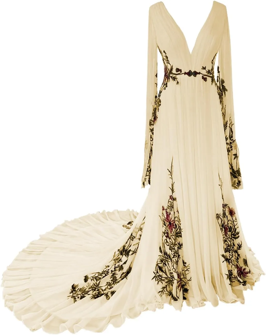 Boho Wedding Dresses for Bride 2025 Floral Embroidered Chiffon Long Sleeve V Neck A Line Bridal Gown