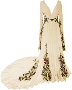 Boho Wedding Dresses for Bride 2025 Floral Embroidered Chiffon Long Sleeve V Neck A Line Bridal Gown